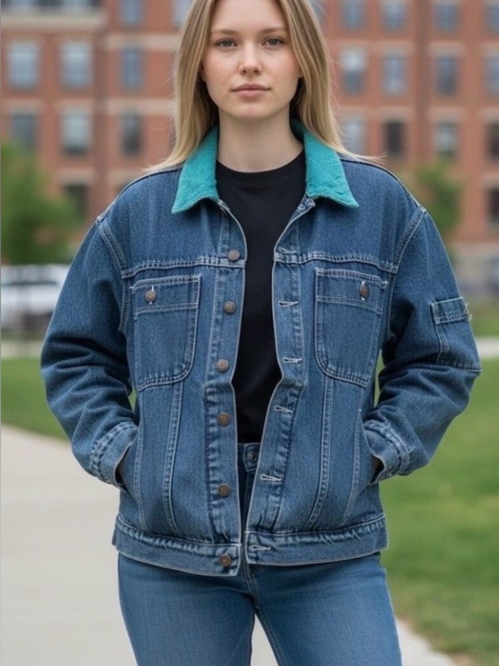Women’s Vintage Forenza Denim Jacket with Teal Corduroy Collar & flannel lining